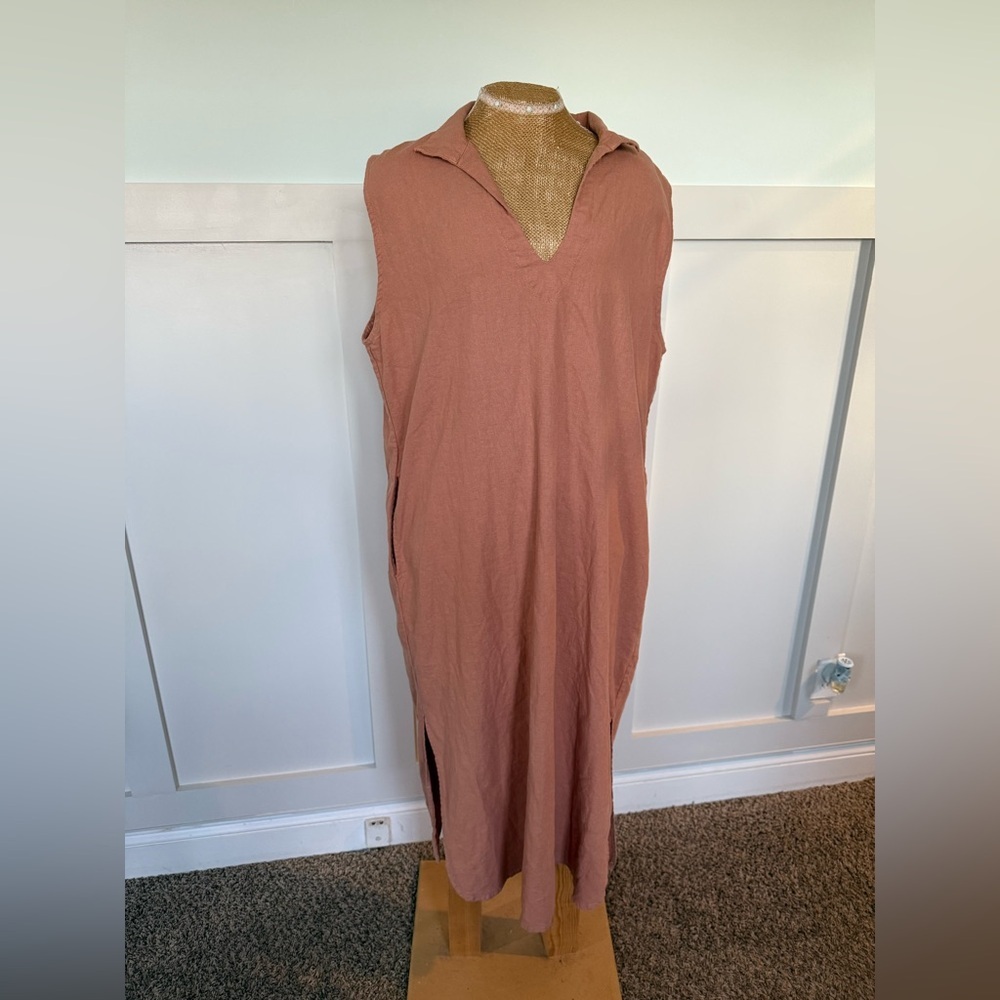 Aura The Label Linen Blend Midi Dress Women’s Large Pink Peach V-neck Collared